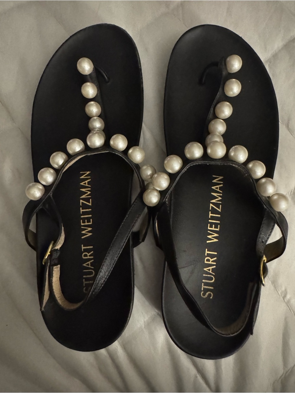 Stuart Weitzman Black Sandals with Pearl Accents